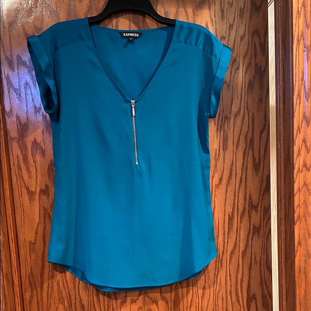 Express Blue Zipper V-Neck Blouse